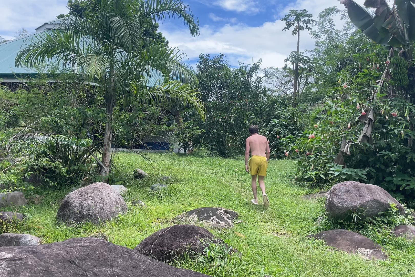 A child walking a grass path into the family homestead